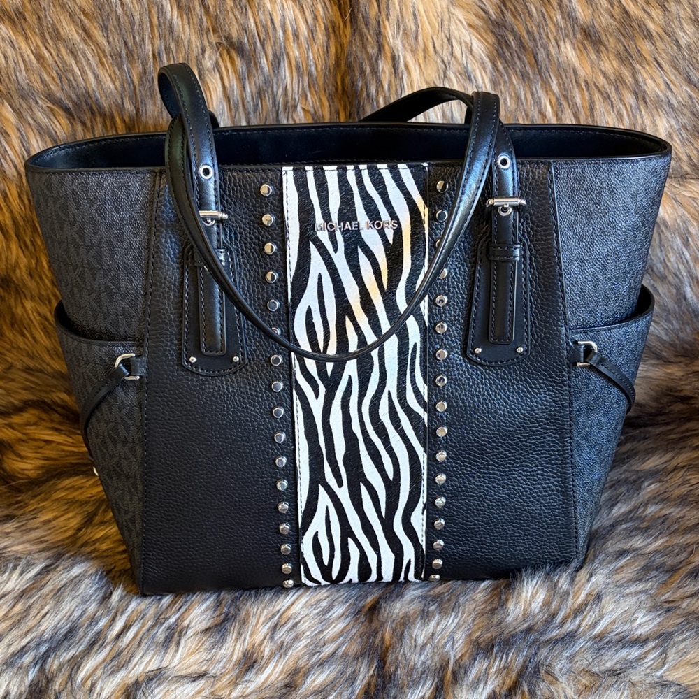 Michael Kors Black Tote with Zebra-Print Center Panel